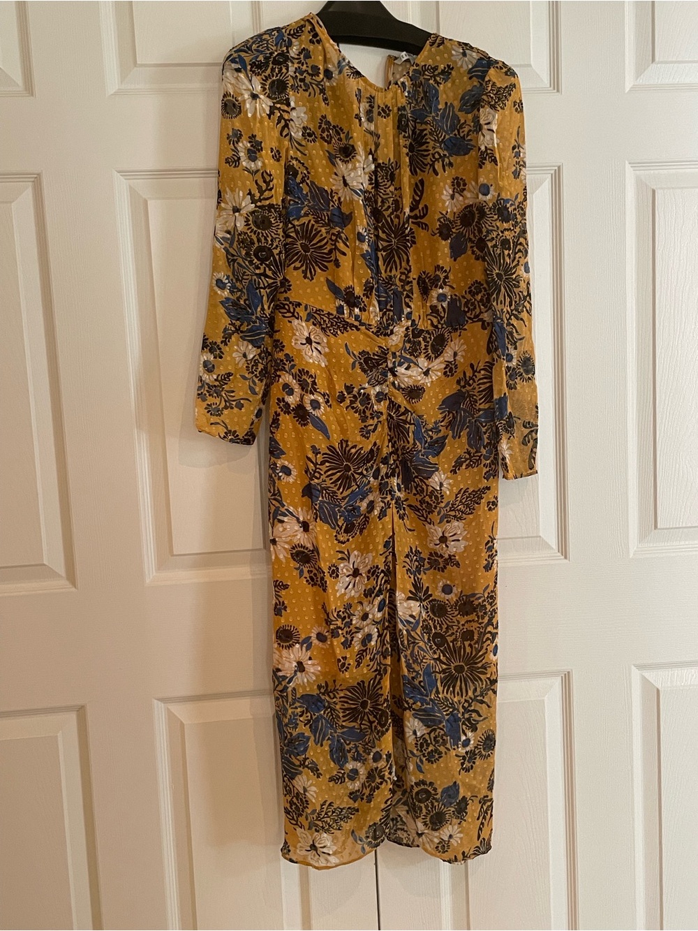 Veronica Beard Mustard Floral Long-Sleeve Dress with Blue and Cream Flowers